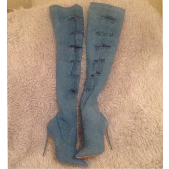 Blue Distressed Denim Pointy Toe Thigh High Boots - Picture 5 of 5